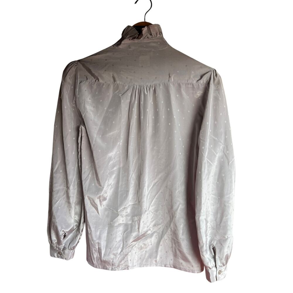 Vintage Gray Ruffled Mock Neck Diamonds Romantic Long Sleeve Satin Blouse Sz M - Picture 7 of 8